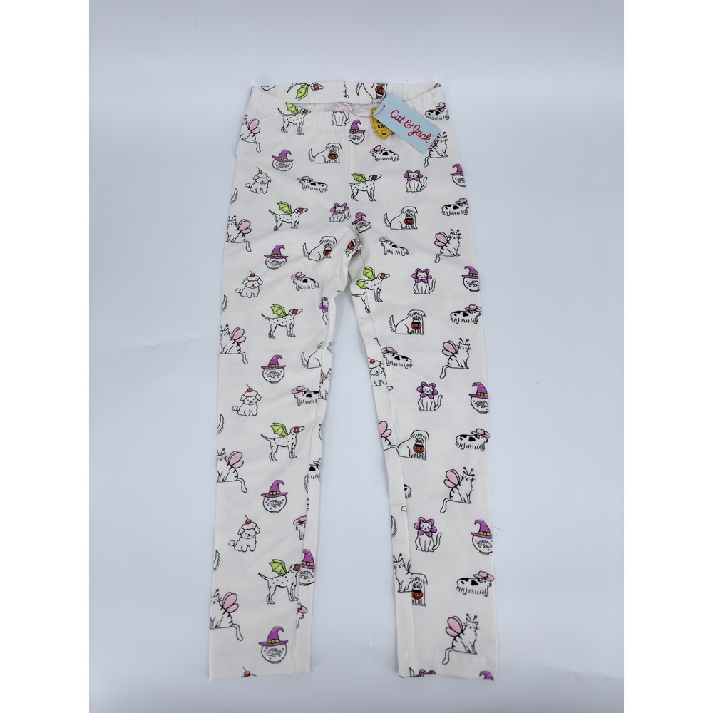 Cat & Jack Leggings Halloween Cats Dogs Modern Girls Size S 6/7 Cream White